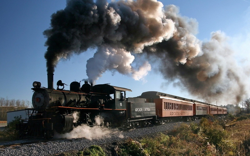 Railway, New York State, Steam Locomotive, 1080P, men, vehicle, Train, smoke, Trees, plants, Rail Yard, USA