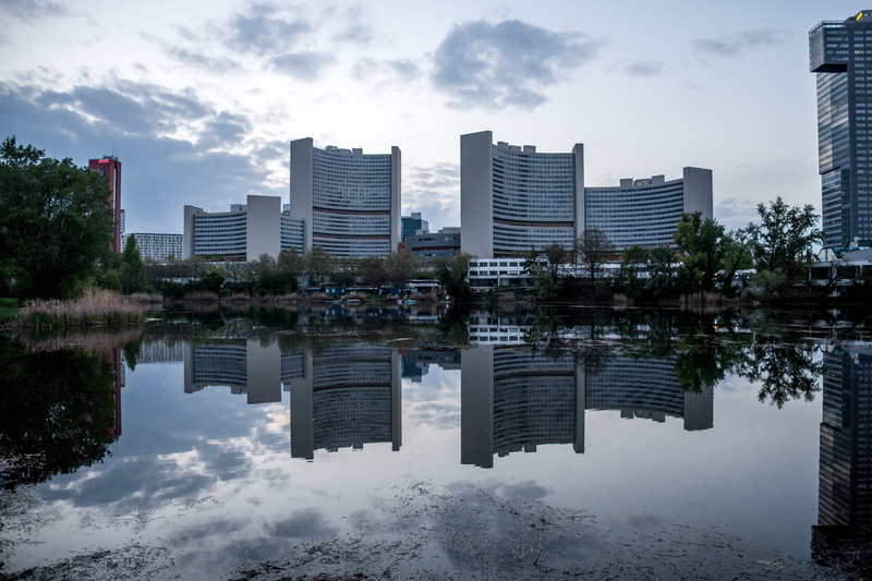 skyscraper, plant, cloud - sky, tall - high, water, wien, reflection lake, urban, lake, sky, building, trees, austria, modern, financial district, tree