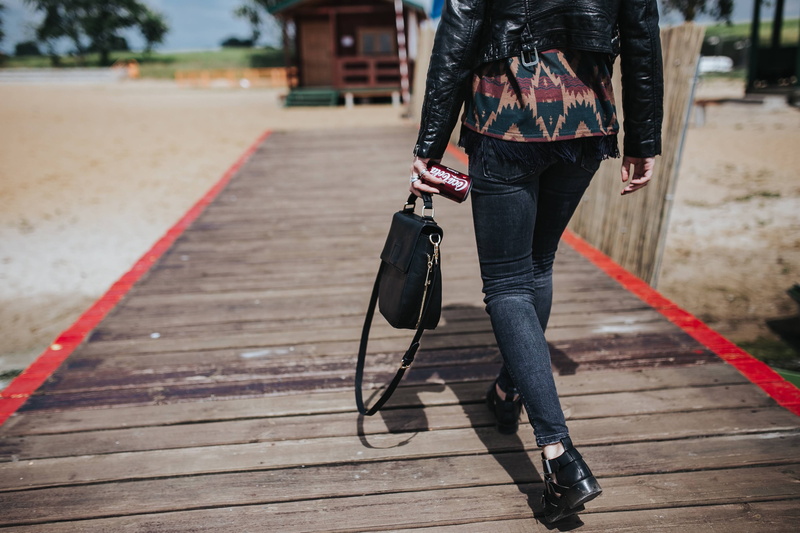 standing, pier, jetty, wooden pier, rear view, pretty, holding, focus on foreground, street, water, bag, urban Scene, outdoors, Beautiful, women, lake