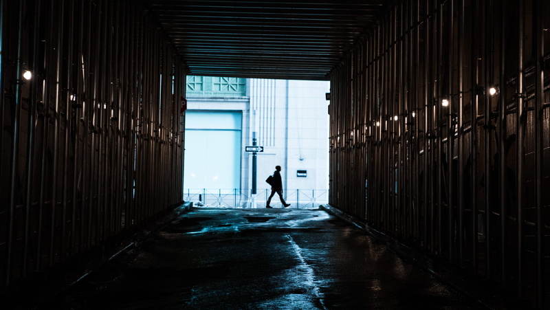 front, leisure activity, corridor, arcade, back Lit, shadow, 5K, walk, rear view, lifestyles, architecture, person, full length, dark, built structure