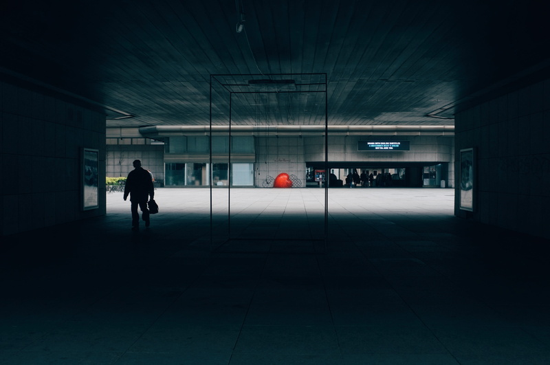 holding, flooring, dark, 4K, platform, tile, full length, concrete, leisure activity, people, silhouette, grey, hallway, urban Scene, walking, night, ceiling