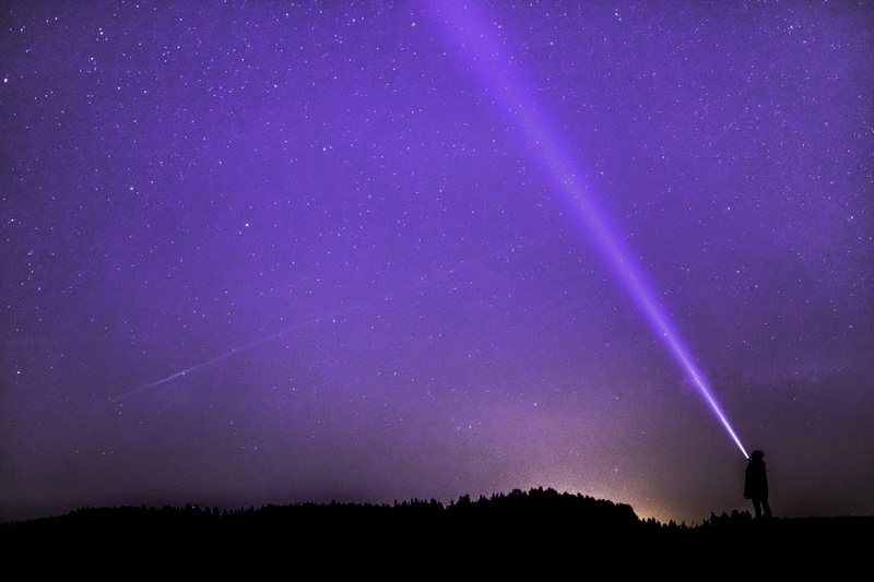 flashlight, nature, silhouette, mystical, 5K, illuminated, man, astronomy, cosmos, lights, space, tranquility, industry, outdoors, evening sky, purple