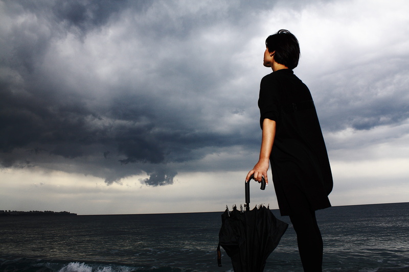 aesthetics, water, umbrella, beauty, womens, beautiful, b add, sad, photo, depression, three quarter length, portrait, side view, black, contact, standing