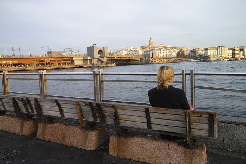 dom, sitting, river, landscape, sit, beautiful, water, hairstyle, architecture, hair, railing, built structure, the young woman, on, istanbul, body, loneliness