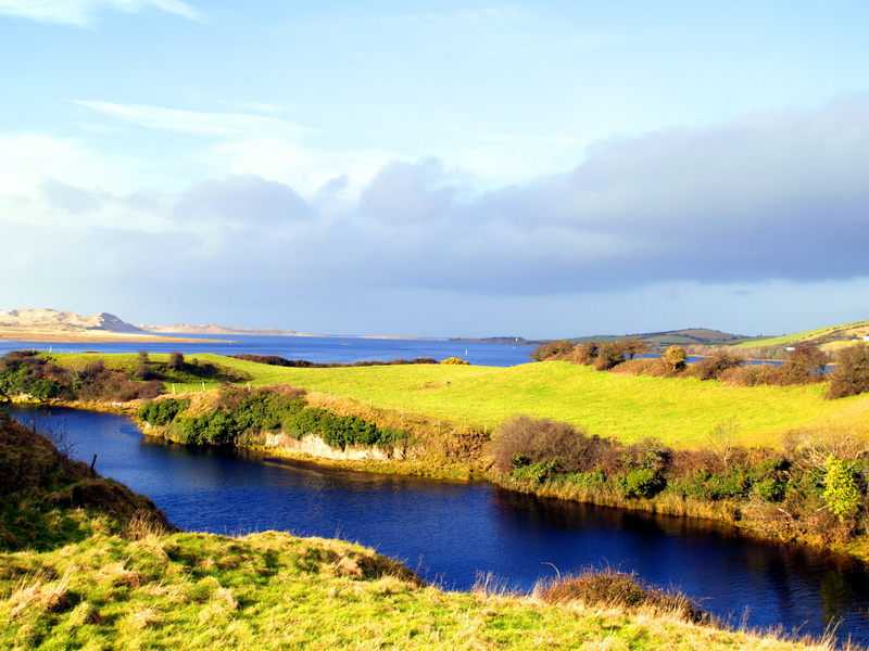 green grass, grass field, Abbey River, ireland, donegal, landscape, ballyshannon, blue, nature, sky, estuary, field, body of water, grass, outdoors, body