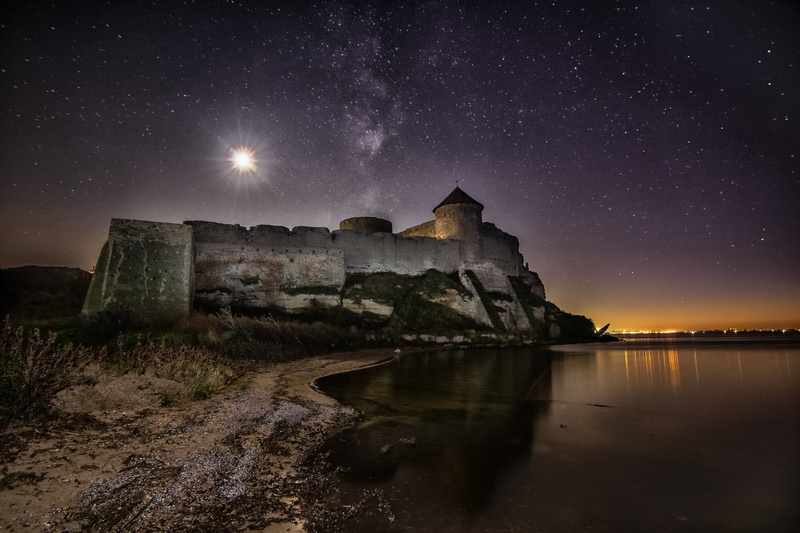 Dniester estuary, 4K, milky way, star field, tranquility, galaxy, rock - object, nature, Ackerman, rock, architecture, Belgorod-Dnestrovskiy fortress
