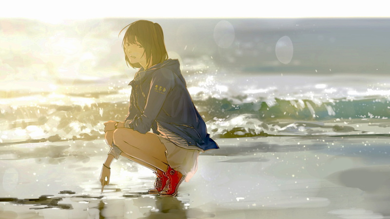 warm clothing, squatting, women, clothing, sunlight, sea, one person, sports equipment, beauty in nature, wave, land, full length, anime girls, outdoors