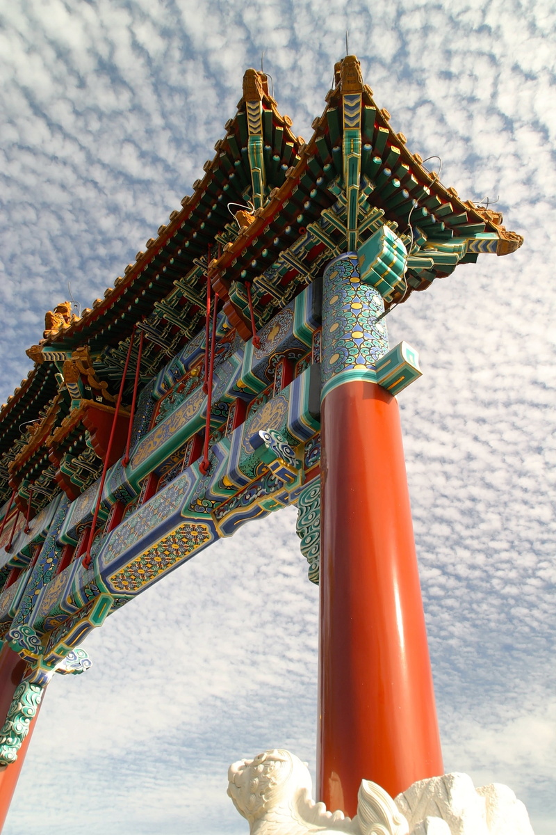 outdoors, buddhism, water, temple, architectural column, red, nature, architecture, 2K, white, green, clouds, belief, day, monastery, famous Place, built structure