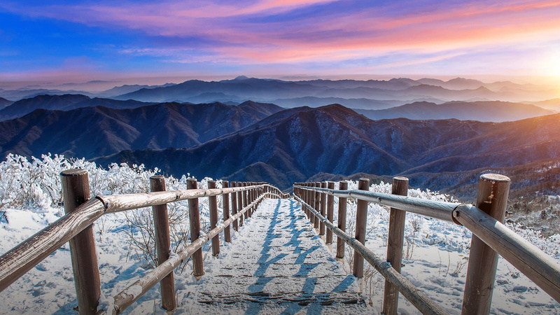 South Korea, plants, 1080P, Deogyusan, dawn, mountains, fence, mist, snow, path, landscape, sky, stairs, nature, clouds