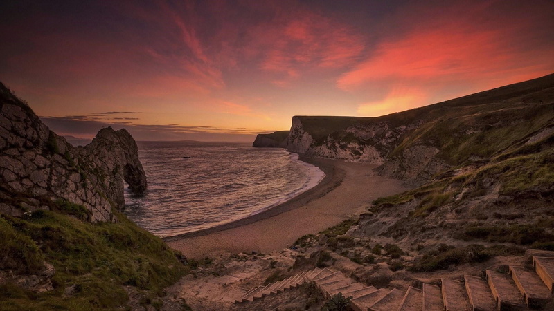 sea, no people, tranquil scene, terrain, evening, sunset, landscape, cliff, horizon, sun, rock - object, solid, cloud - sky, beach, lulworth, nature, sky