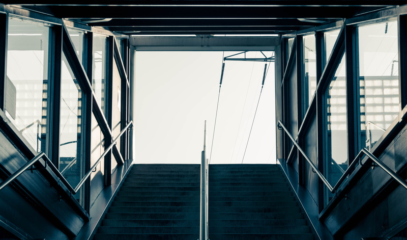steps and staircases, office building exterior, stairs, staircase, nature, dawn, tram, railing, transportation, day, blue, philadelphia, architecture, light