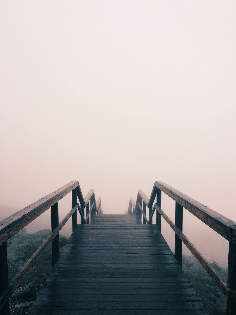 direction, clear sky, foggy, sea, beauty in nature, fog, outdoor, nature, black, tranquil, tranquility, bridge, trail, dawn, path, copy space, railing