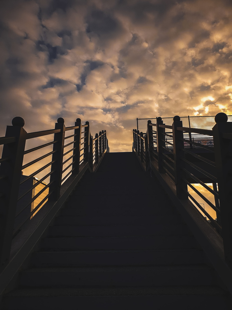 built structure, Dawn, Tones, the way forward, bridge, staircase, port, wood - material, railing, Sky, Evening, Stairs, balustrade, handrail, steps and staircases