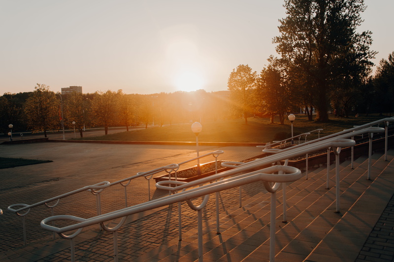 park - man made space, outdoors, 5K, steel, sunbeam, lens flare, day, stair, tree, sky, architecture, built structure, building exterior, sunset, photography