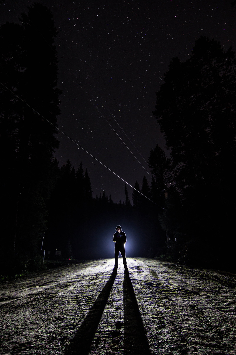 loneliness, solitude, dark, 5K, lights, sky, beauty in nature, leisure activity, land, plant, space, spooky, lifestyles, astronomy, star, behind, standing