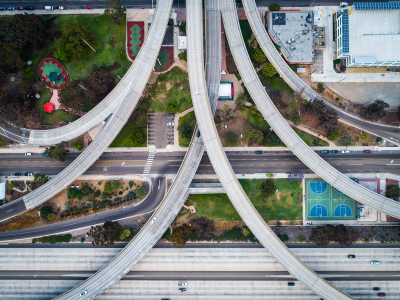 connection, high angle view, overpass, street, court, road, basketball, built structure, san deigo, near, no people, modern, highway, city, architecture