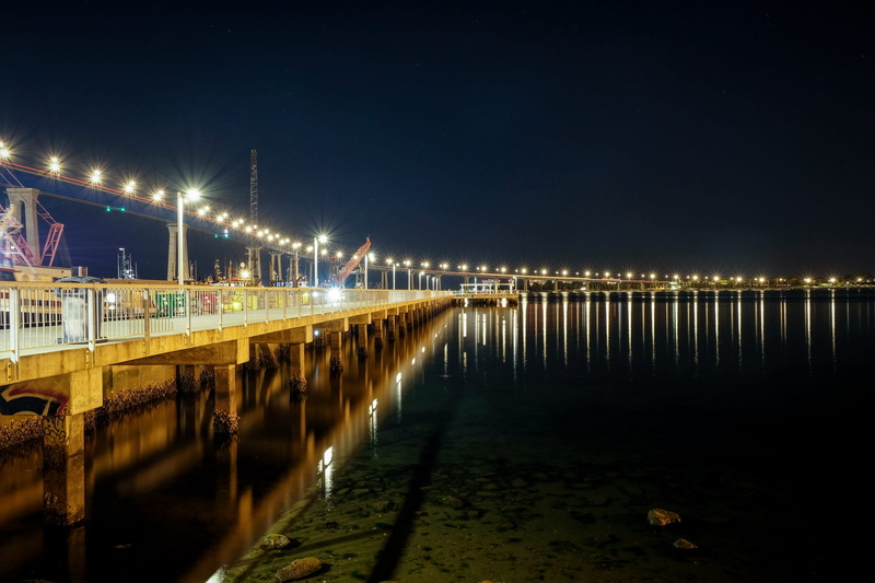 boardwalk, logan heights, outdoors, building exterior, barrio logan, built structure, bridge, handrail, transportation, naasco, night, building, california