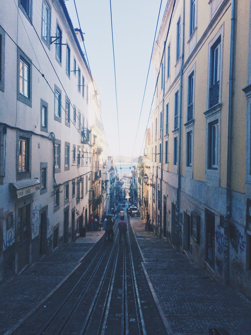 window, street, lisboa, europe, architecture, clear sky, outdoors, diminishing perspective, railroad track, direction, chiado, alley, building exterior