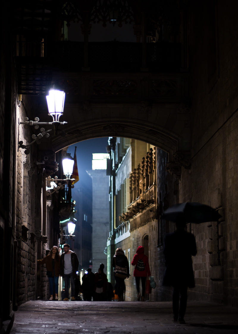 city, lifestyles, barcelona, rear view, barrio gotic, people, built structure, group of people, adult, night, gothic quarter, arch, walking, spain, architecture