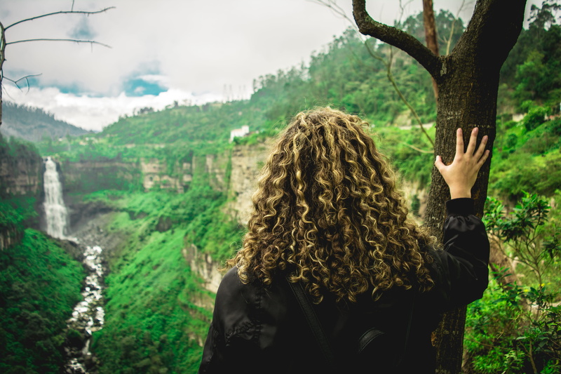 caucasian, rear view, canyon, lady, day, outdoors, hair, tree, women, one person, real people, waist up, plant, adult, cute, mountain, nature, leisure activity