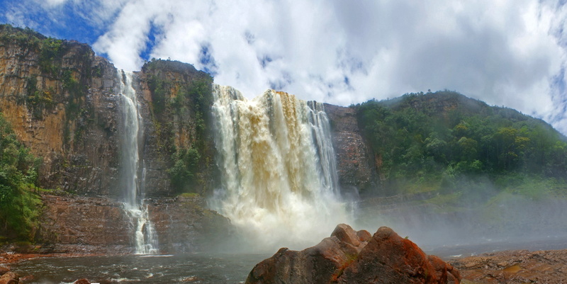 power in nature, waterfall, rock formation, mountain, rock, beauty in nature, motion, solid, panoramic, 2K, flowing water, scenics - nature, land, water