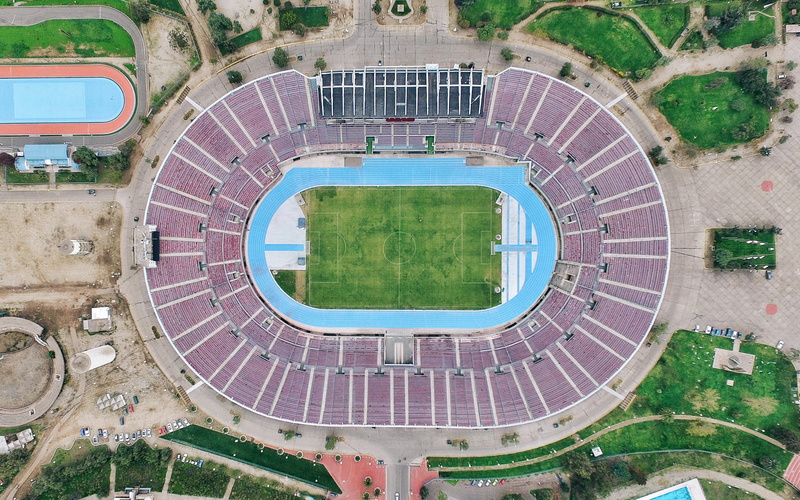 santiago, pitch, directly above, soccer, grass, circle, macul, building exterior, aerial view, green color, history, city, photography, 2K, looking down