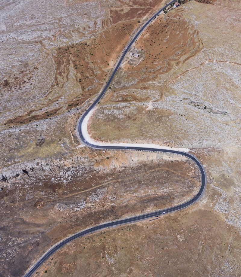 winding road, flycam, landscape, motor vehicle, nature, e, scenics - nature, aerial view, land vehicle, mountain, transportation, t, desert, arid climate