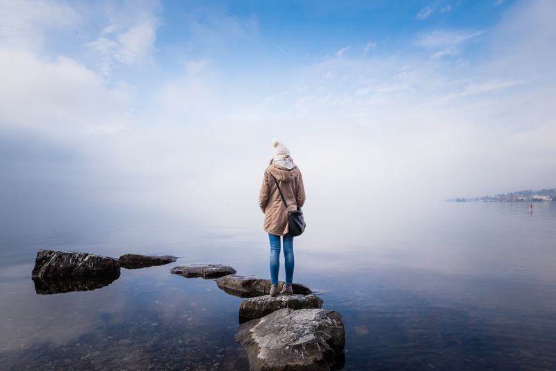 lake, blue sky, T R, one Person, reflections, rocks, rock on, girl, lifestyles, outdoors, sea, 5K, people, swiss, europe, woman, O N, switzerland, water