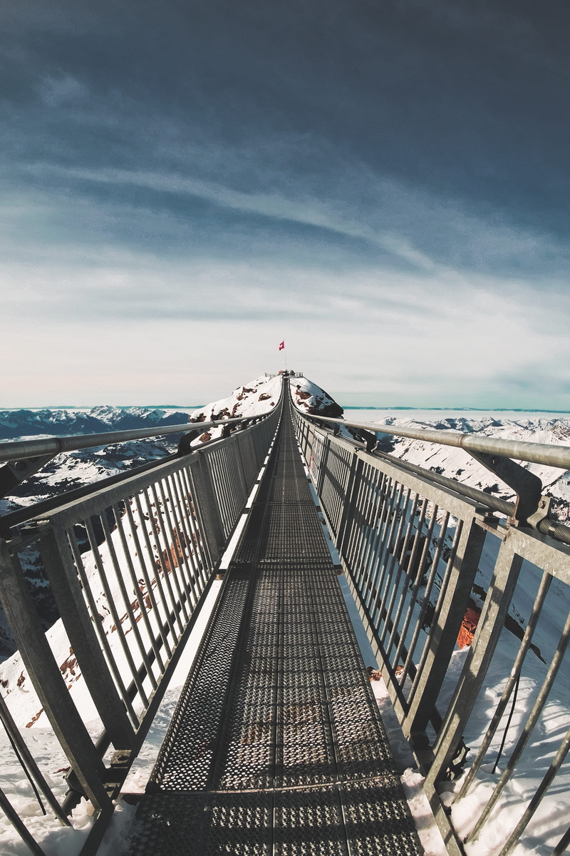 n, mountains, sunlight, outdoors, snow, transportation, gray, c, nature, swiss, o, pier, built structure, railing, the way forward, s, no people, 2K, sky