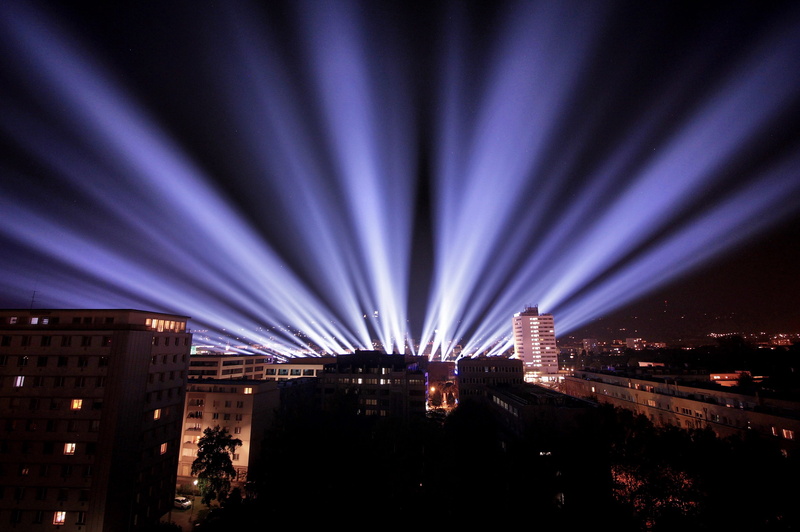 illuminated, stage, wideangle, purple, austria, no people, arts culture and entertainment, blue, nightlife, architecture, cityscape, canon, laser, skyscraper