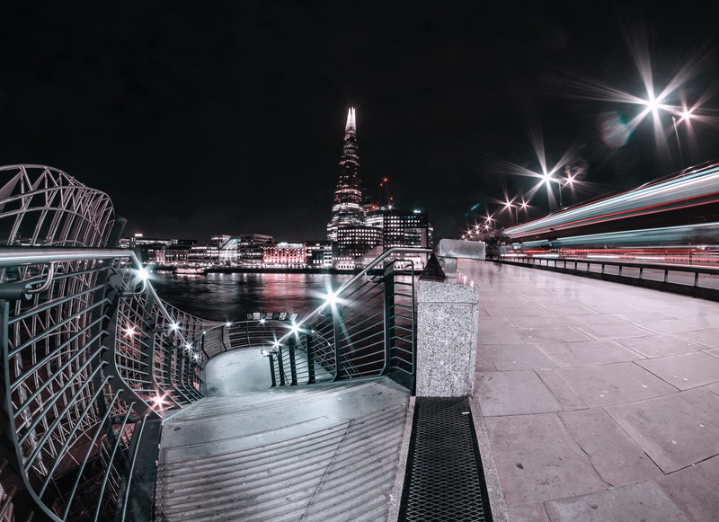 lake, office building, 4K, night, urban, railing, spire, bridge - man made structure, outdoors, downtown, sky, built structure, banister, cityscape, london bridge fuji fujifilm outdoors wideangle fisheye