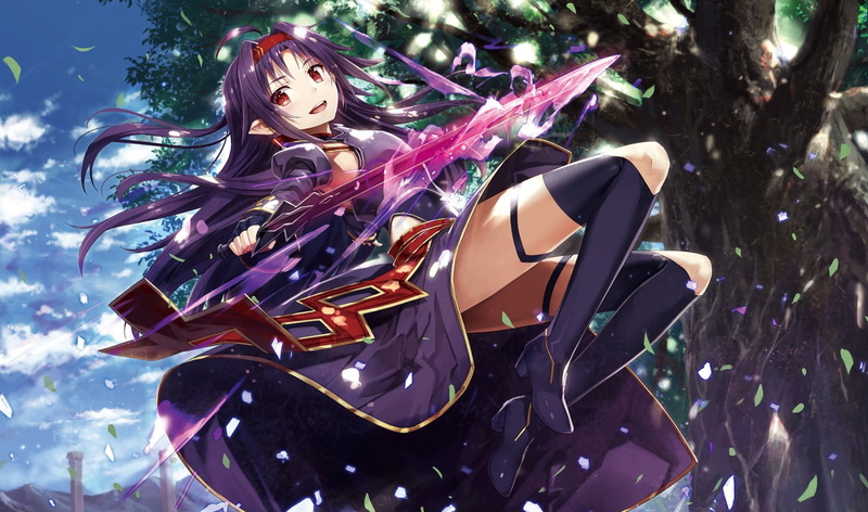 tree, decoration, Sword Art Online, outdoors, character, nature, female, day, plant, 720P, purple, still life, paper, high heels, fashion, no people, clothing