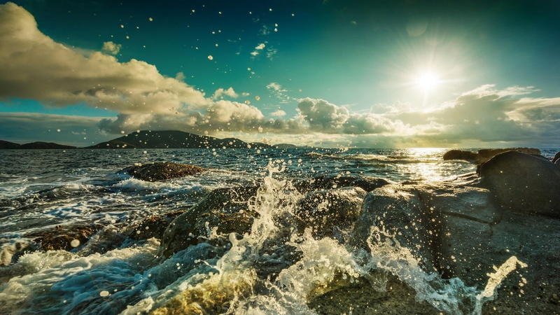 ocean, clouds, spray, 1080P, rocks, shore, rocky