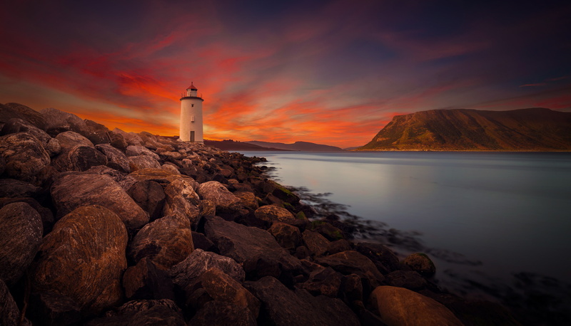 Twilight, Rocky shore, Sunset, Lighthouse, 4K, 4K