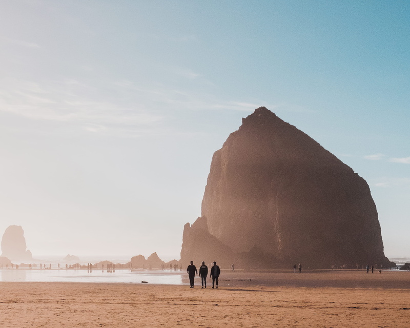water, friends, sunset, sand, people, cannon beach, real people, rock formation, non-urban scene, landscape, nature, land, outdoors, incidental people