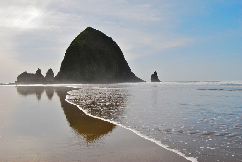 rock - object, silhouette, sky, no people, stack rock, land, mountain, rock, beach, water, tranquil scene, pacific northwest, ocean, sea, tranquility, solid