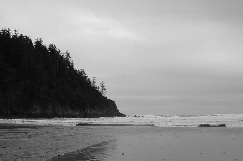 sea, non-urban scene, horizon, tranquility, overcast, idyllic, tree, salty air, 5K, outdoors, cloud - sky, tranquil scene, hills, land, beach, ocean, cannon beach