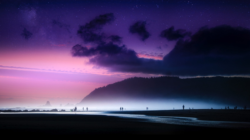 silhouette, night sky, twilight, nightlife, ocean, night, cannon beach, mist, cloud, beach, ocean beach, darkness, oregon, evening, starry night, misty