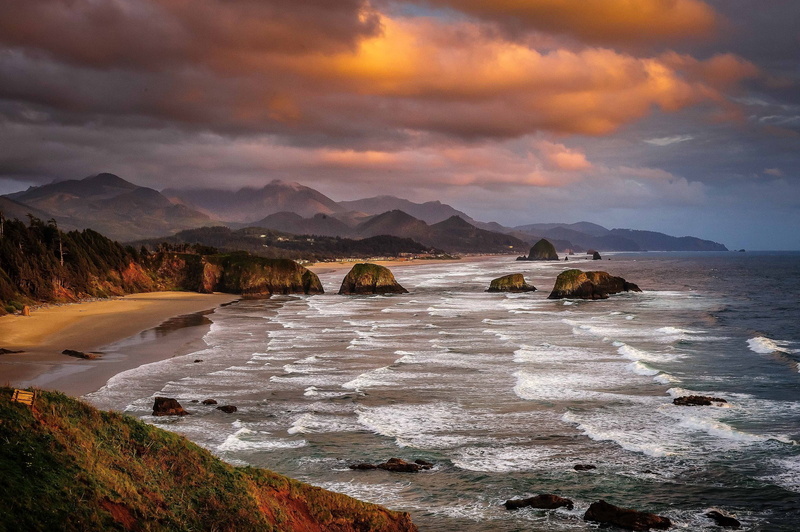 landscape, USA, 1080P, the sky, Oregon, rocks, mountains, sea, National Park ecola state, clouds