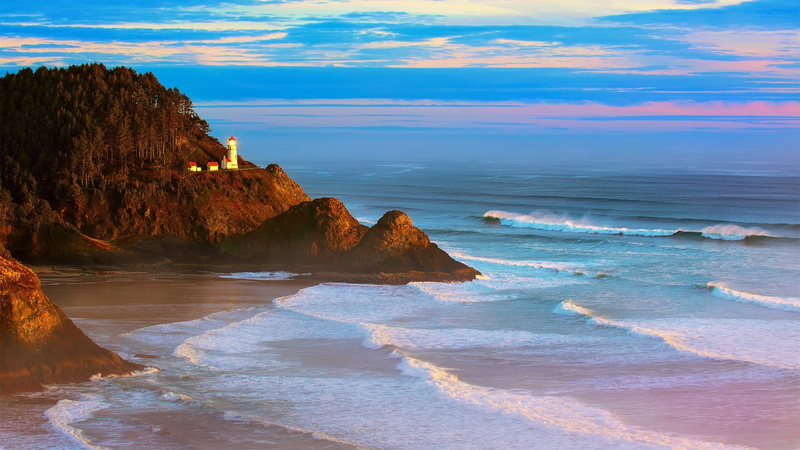 rocky coastline, beach, tranquil scene, scenics - nature, wave, cloud - sky, rock formation, solid, Oregon, beauty in nature, sea, landscape, horizon over water