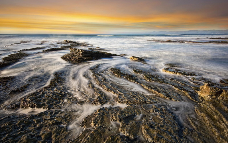 rocks, misty, sea, mist, rocky, beach, shore, sunset, nature and landscapes, 1080P, fabulous