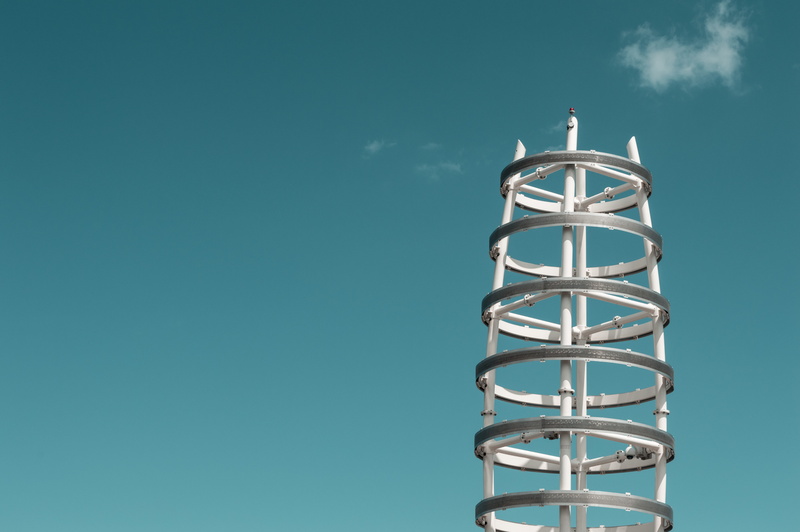 ladder, white tower, daytime, tower, antenna - Aerial, day, blue background, low angle view, gray, sunlight, simple, broadcasting, cloud - sky, security