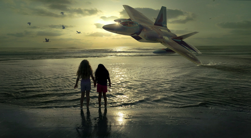 surreal, aircraft, childhood, amazed, evening, mood, too low, light, horizon over water, encounter, child, leisure activity, scene, sunset, dangerous, silhouette
