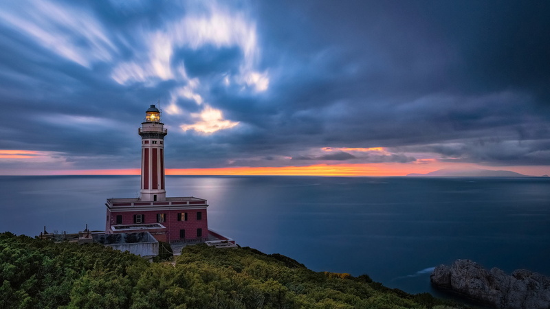 Campania, Gulf of Naples, the sky, sea, 1080P, sunset, Capri, Campaign, lighthouse, coast, Punta Carena Lighthouse, The Bay of Naples, clouds, The Lighthouse Of Punta Carena