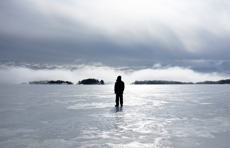 4K, sea, rear view, cloud - sky, island, man, foggy, fog, zing, day, men, real people, silhouette, standing, archipelago, one person, lifestyles, cold