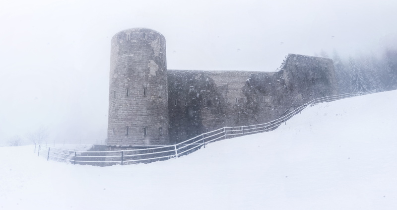 landscape, frosty, industry, architecture, gray, 8K, sky, fog, snow, snowing, castle, building exterior, scenic, season, fence, cold, pollution, no people
