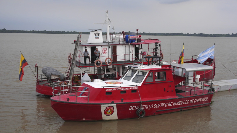 nautical vessel, pier, water, day, river, trawler, firemen, red, moored, guayas, sky, 4K, nature, guayaquil, transportation, fishing boat, no people, sea