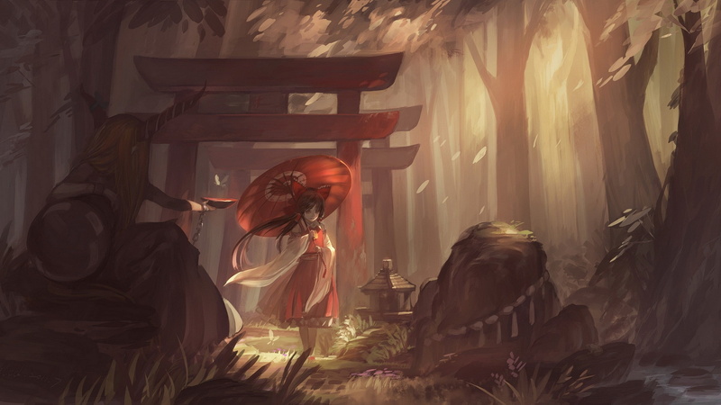 touhou, nature, oni, games, 2K, blondes, long, video, hair, miko, hd, forest, lanterns, demons, forests, stones, brunettes, kimono, art