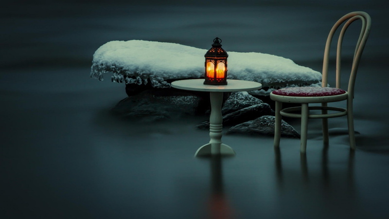 Stones, Chair, Lamps, artwork, candles, winter, Blurred, rock, Lantern, 1080P, Long Exposure, nature, water, photography, Icicle, snow, table, reflection