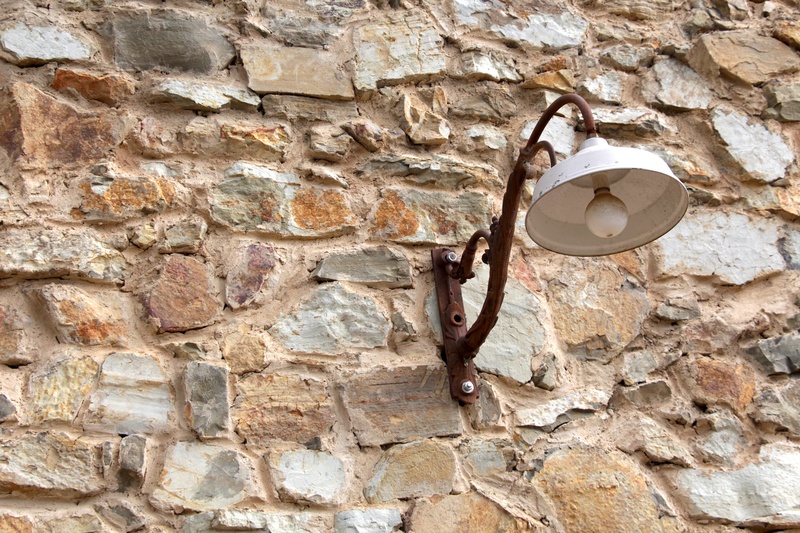 power, light, lamp shade, electricity, stone, electric, lamp, electric lamp, old, day, wall - building feature, built structure, rusted, low angle view